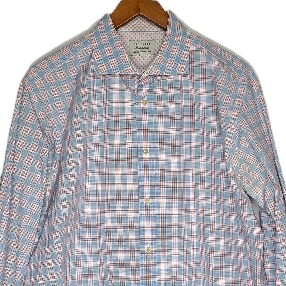 Ted Baker Men's Endurance Long Sleeve Button Up Shirt White Blue Pink Plaid 17.5